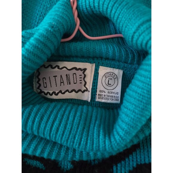 Vintage Gitano Teal Turtleneck Sweater With Aztec Pattern - Size L - Acrylic - Picture 3 of 3